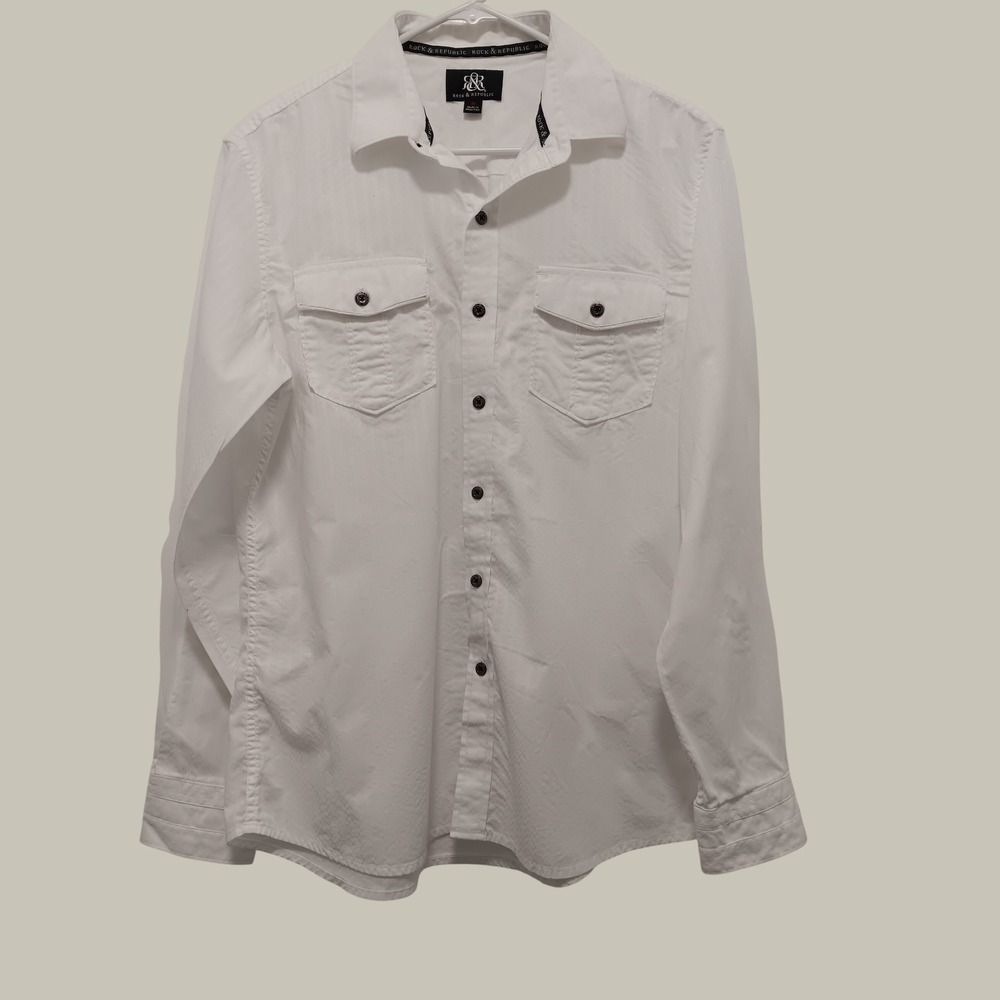 Rock & Republic Mens Medium White Tonal Stripe Long Sleeve Button Up Shirt